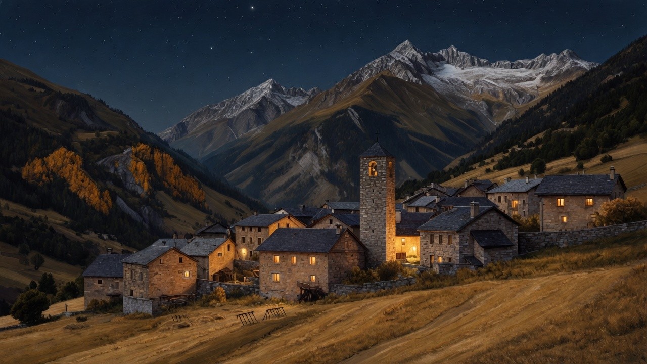 Poble de pedra i pissarra als Pirineus, al capvespre.