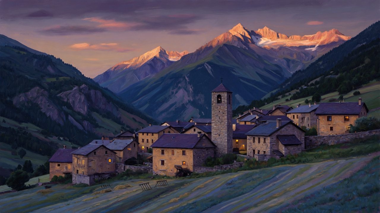 Poble de pedra i pissarra als Pirineus, al capvespre.
